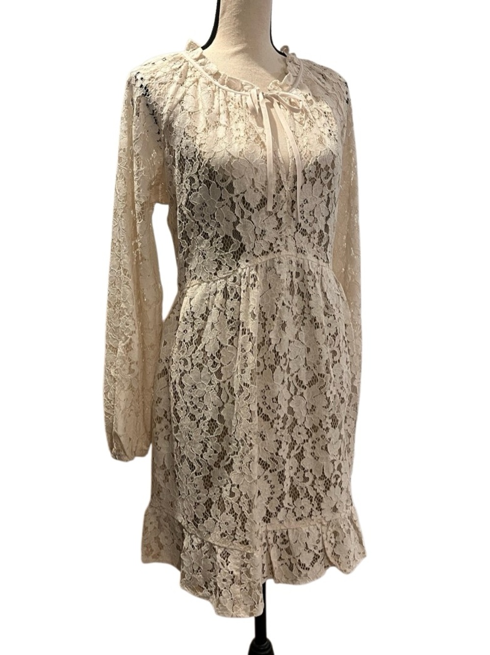 LOFT Floral Lace Tie-Neck Flounce Mini Dress - Picture 3 of 12